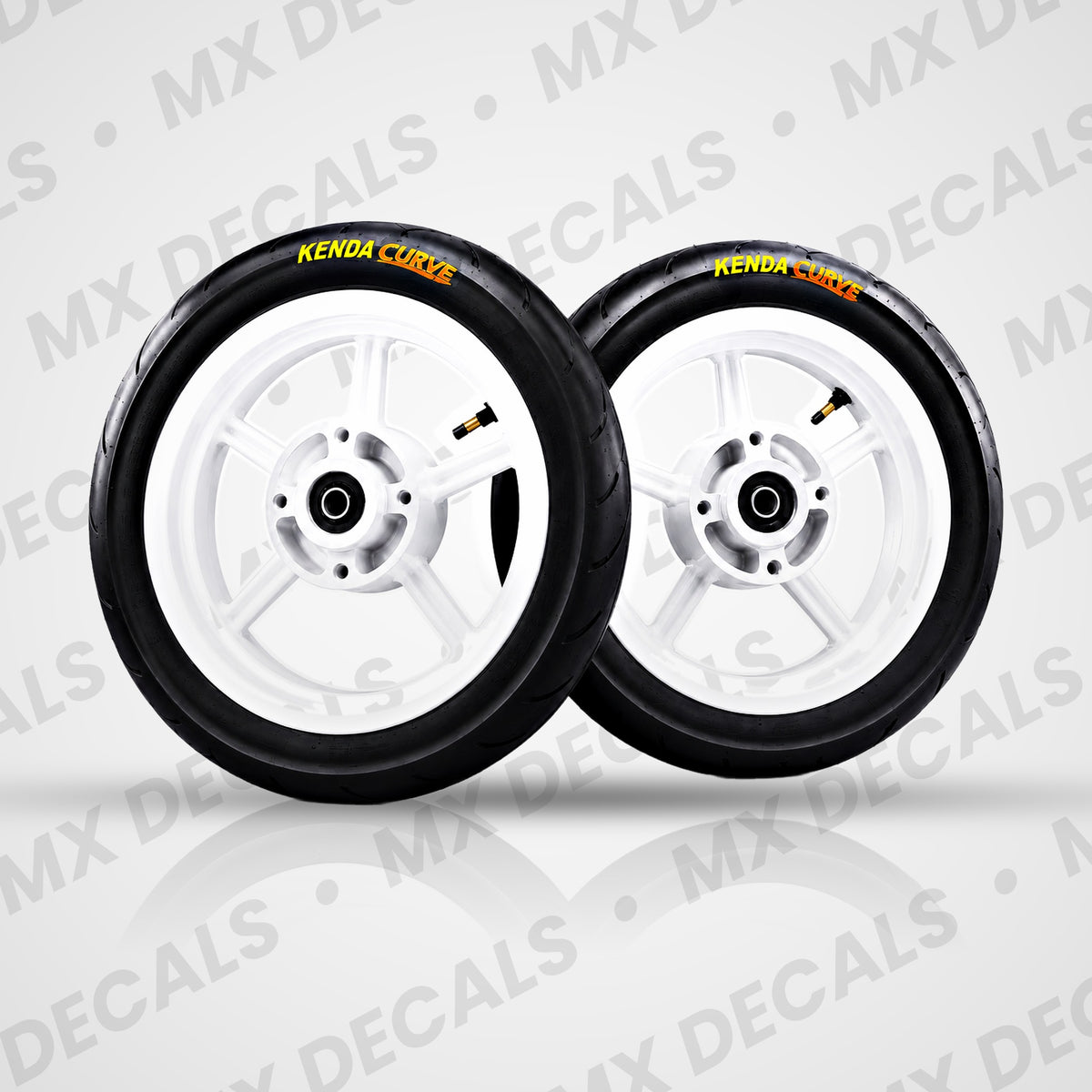 White 12 inch Kenda Curve supermoto wheelset